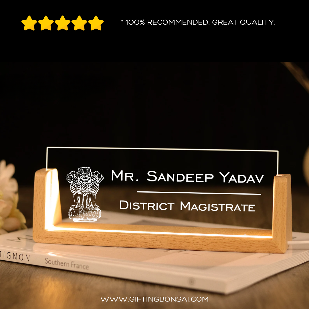 Desk Name Plate With LED Light - Indian Emblem